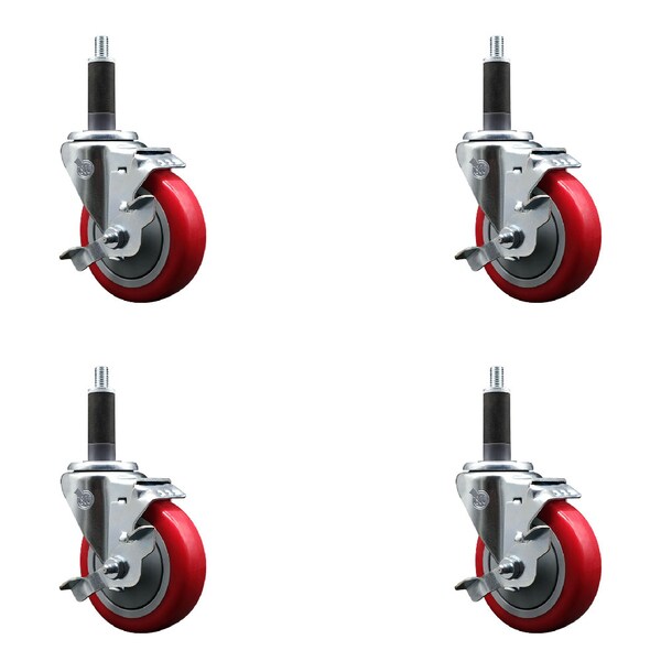Service Caster 4'' SS Red Poly Swivel 1'' Expanding Stem Caster Set with Brake, 4PK SCC-SSEX20S414-PPUB-RED-TLB-1-4 - main